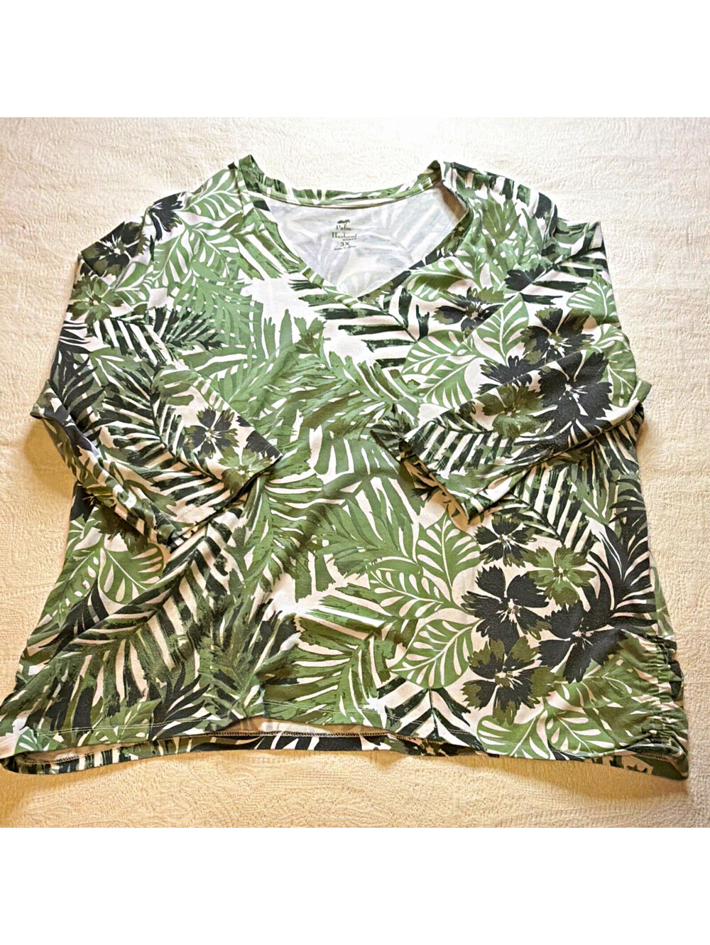 Palm Harbour Women’s Plus 3X Green Tropical Floral V-Neck 3/4 Sleeve Top